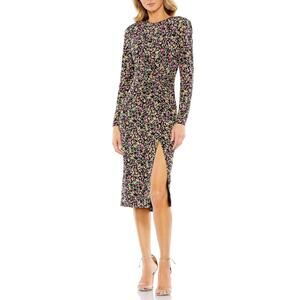 Mac Duggal Women's Cocktail Dress Size 4 Black Floral Long Sleeve Midi Sheath